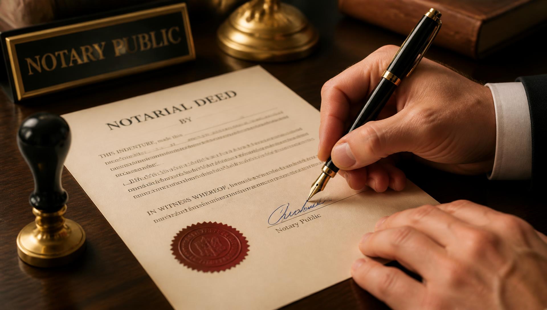 Assinatura de escritura pública sobre mesa de madeira